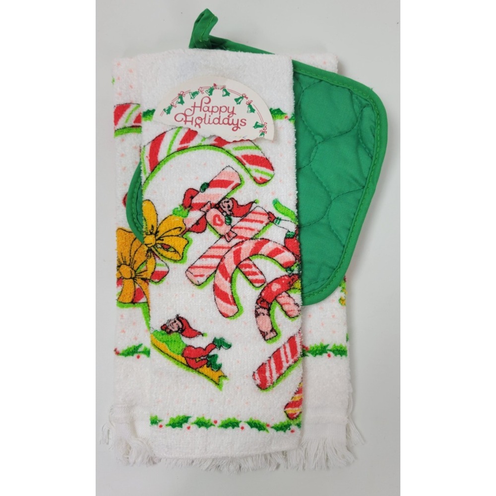 NWT Cannon‎ 3pc Christmas Kitchen Hand Towel Set Elves Candy Canes Cotton USA
